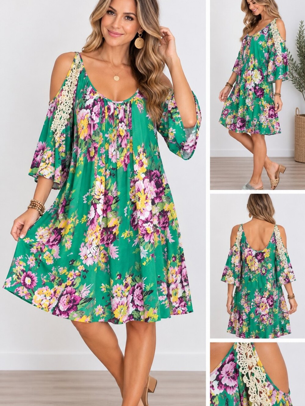Umgee Green Floral Cold-Shoulder Lace Dress Sz Medium